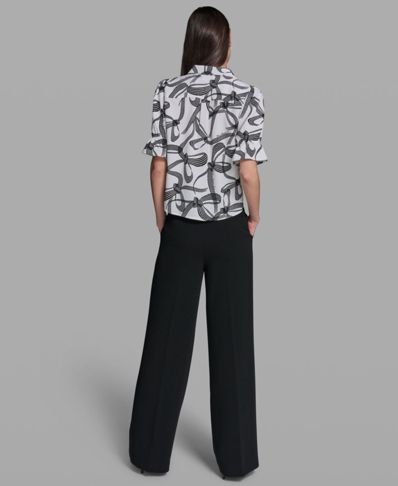 Petite Bow Print Collared Blouse