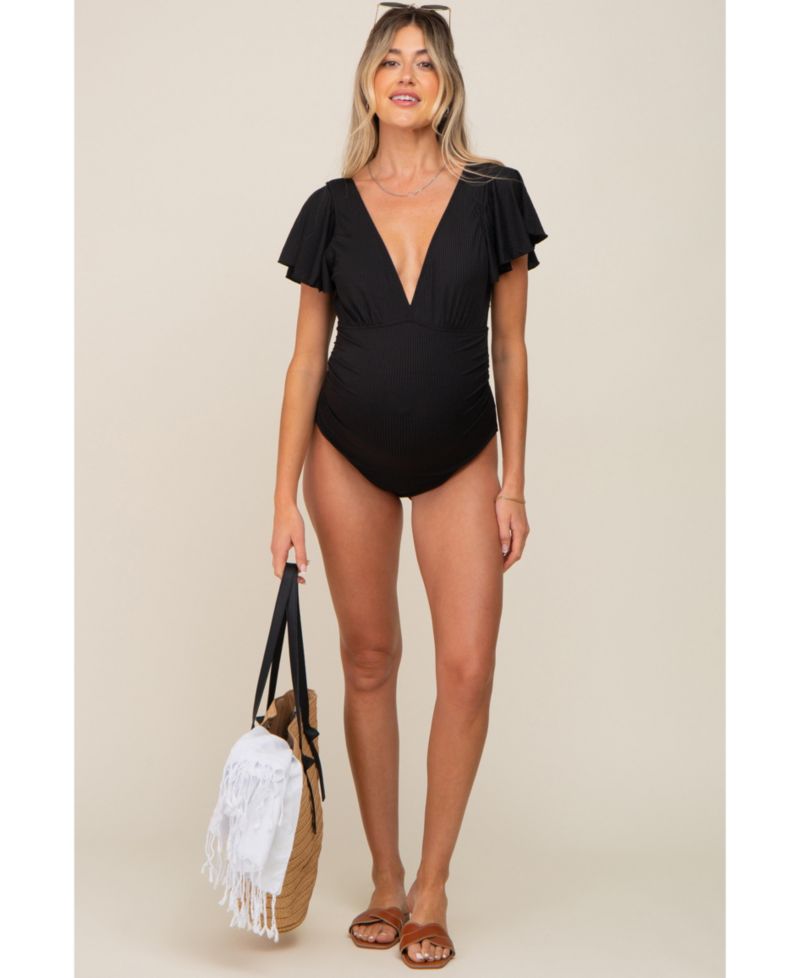 Women's Black Deep V-Neck Flounce One Piece Swimsuit