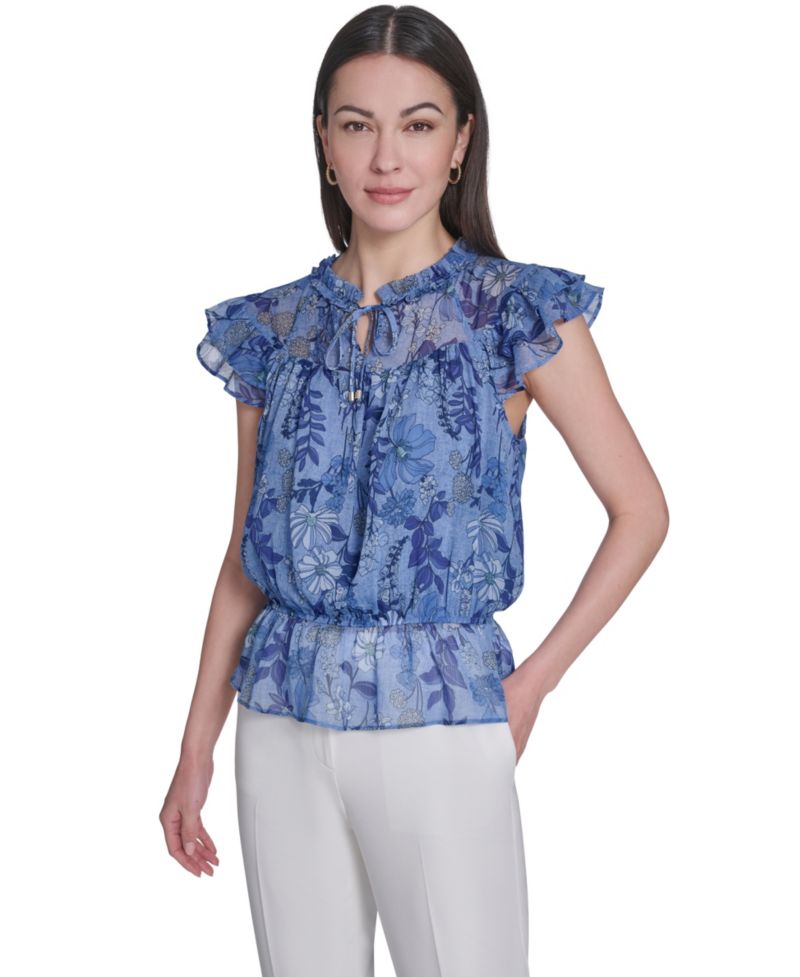 Women's Floral Peplum Flutter-Sleeve Blouse