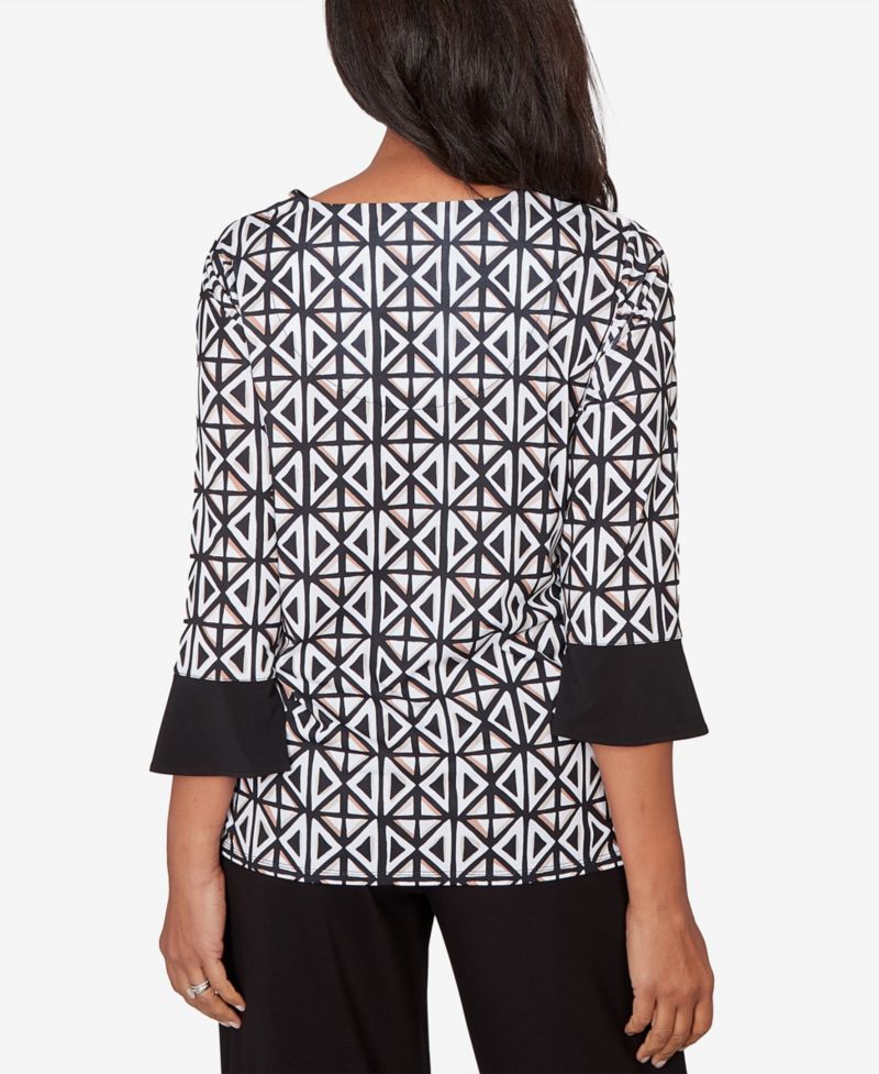 Petite Classic Floral Geo Patchwork Split Neck Top