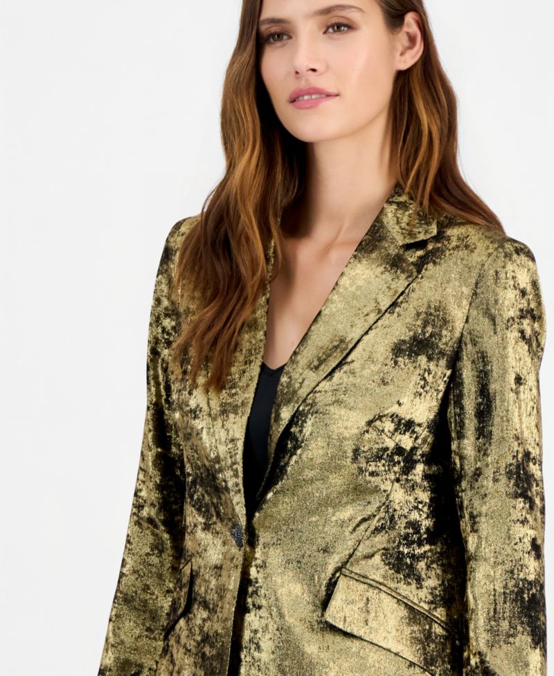 Women's Metallic Foil-Crepe Notched Collar Blazer