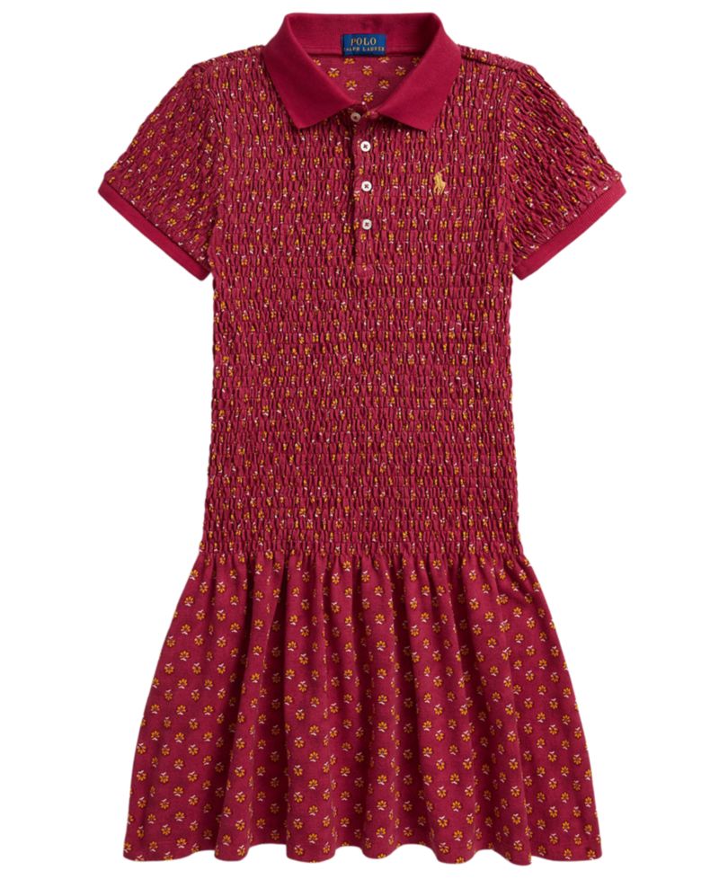 Girls' 7-16 Floral Smocked Stretch Mesh Polo Dress