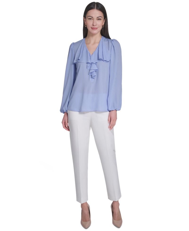 Women's V-Neck Striped Ruffle Blouse