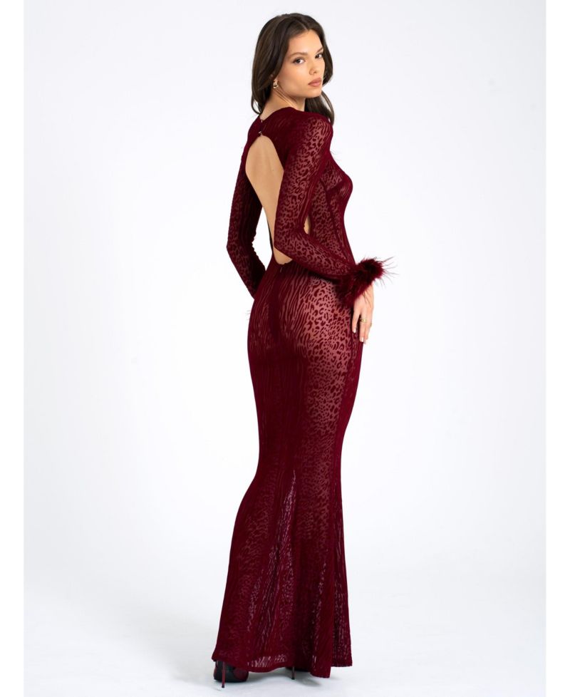 Women's Patricia Burgundy Leopard Burnout Velvet Mesh Backless Maxi Dress