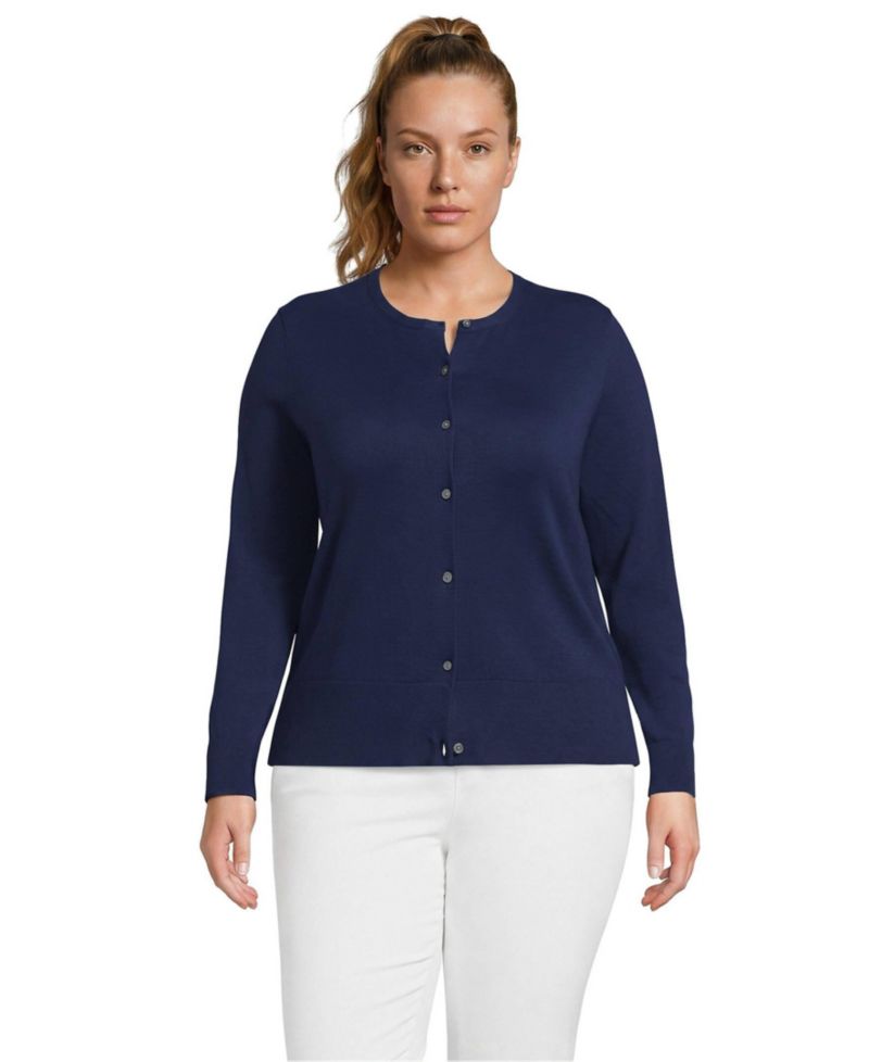 Plus Size Fine Gauge Cotton Crew Cardigan Sweater