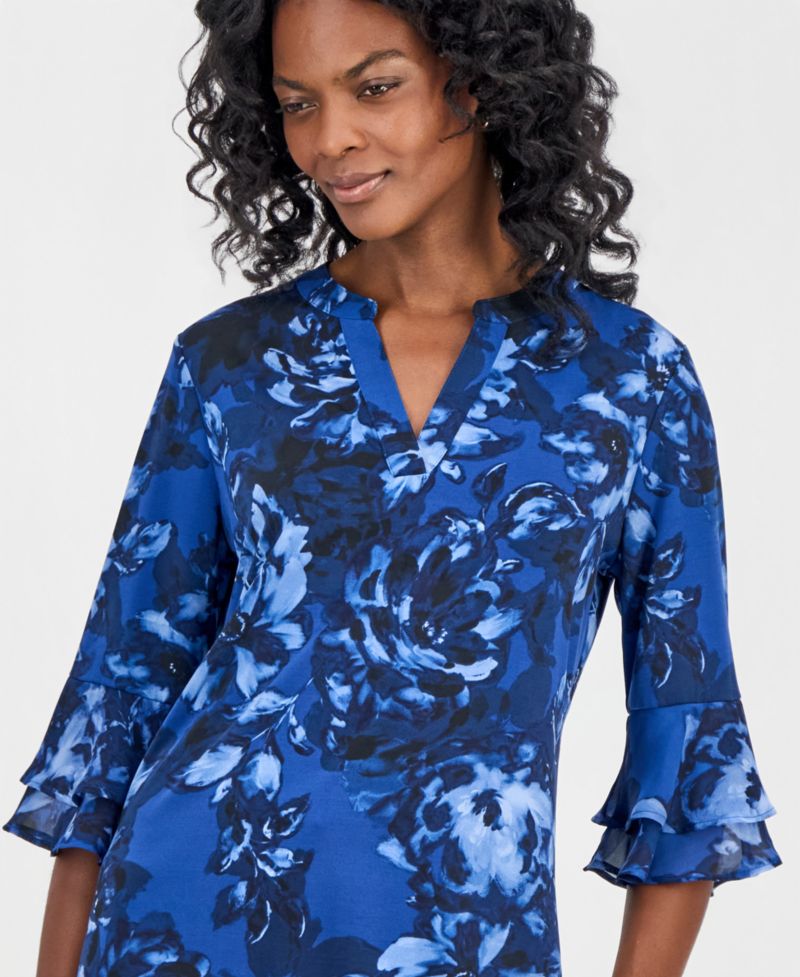 Women's Mixed-Media Tiered-Flutter-Sleeve Top