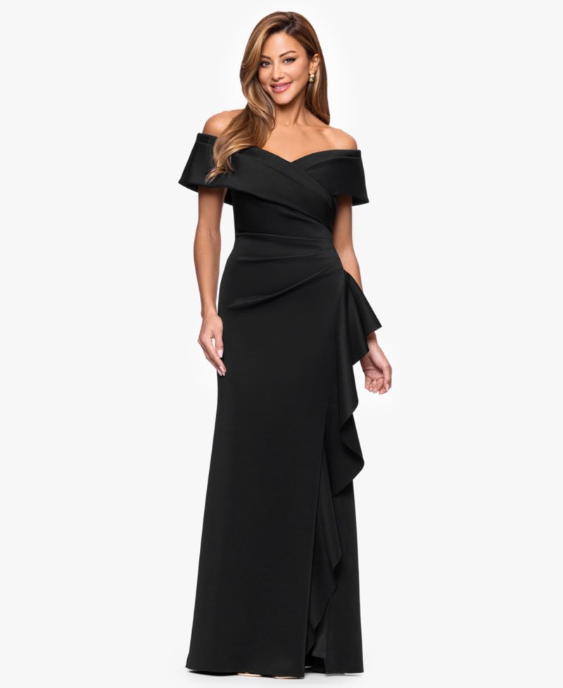 Petite Sweetheart Neck Side Ruffle Off-The-Shoulder Long Dress