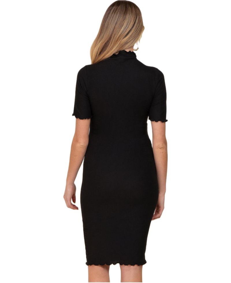 Women's Black Ribbed Mock Neck Fitted Midi Dress