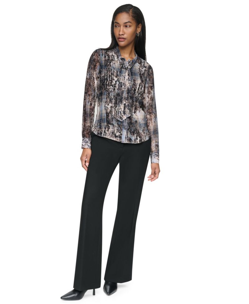 Women's Tie-Neck Long-Sleeve Crinkle Chiffon Blouse