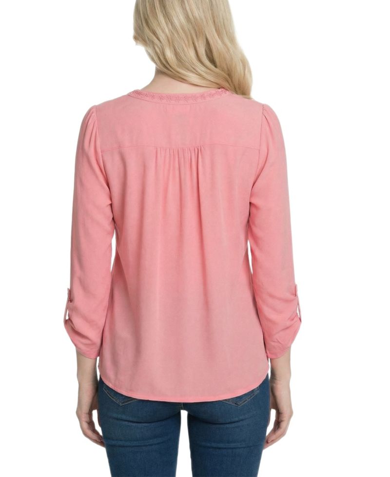 Petite Long-Sleeve Pleat Front Roll Tab Top