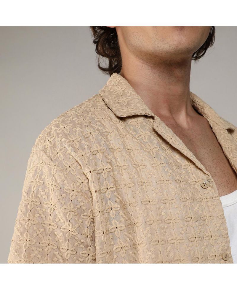 Men's Beige Embroidered Flora Shirt