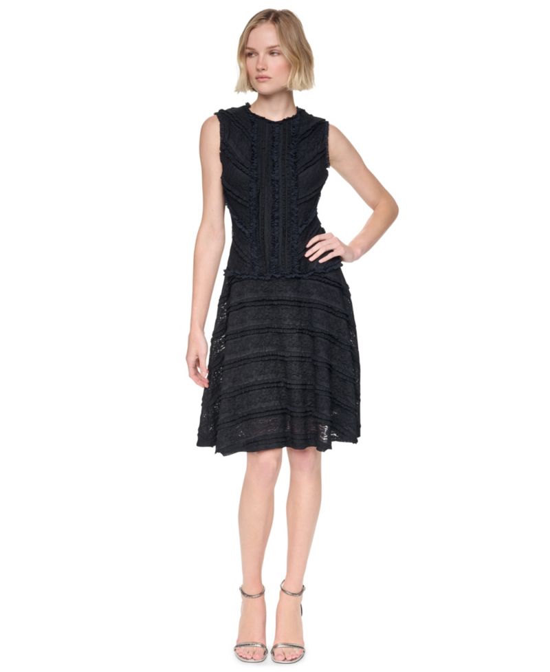 Women's Jewel Neck Ruffle Hem Fit-and-Flare Lace Dress