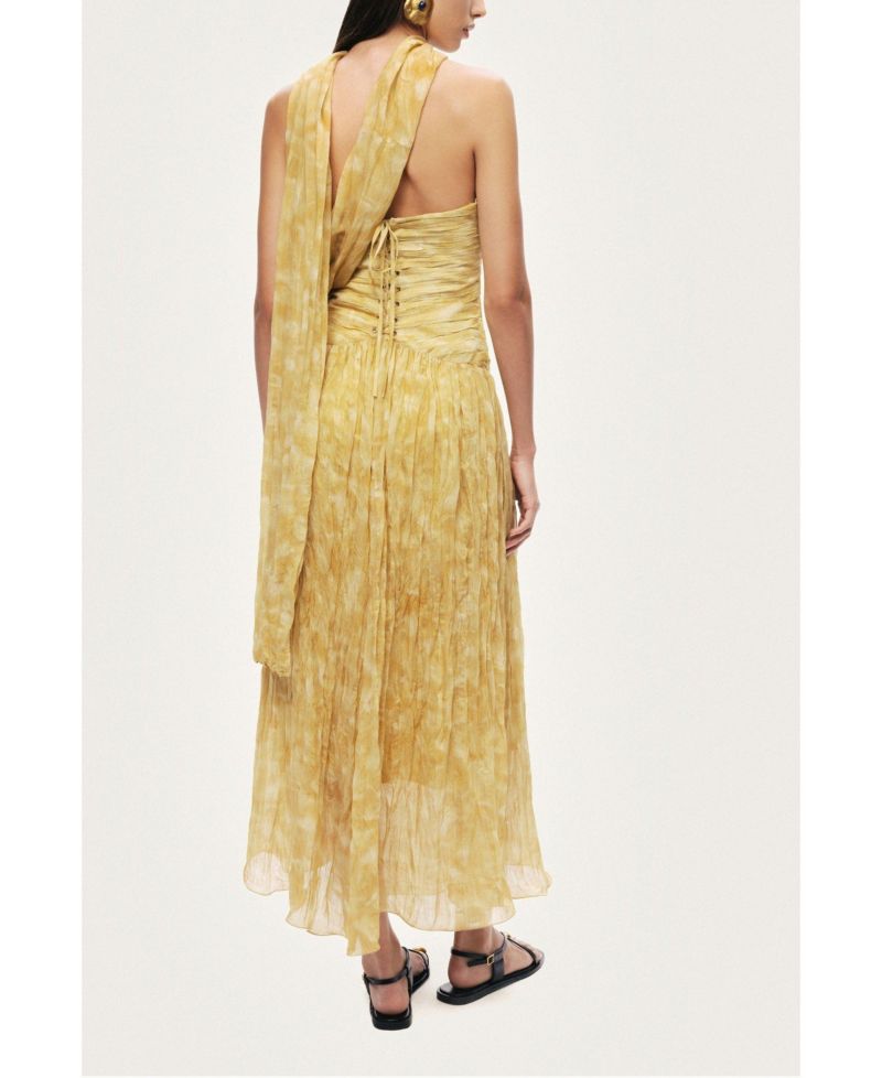 Women's Strapless A-Line Ruched Corset Bodice Viscose-Blend Midi Dress