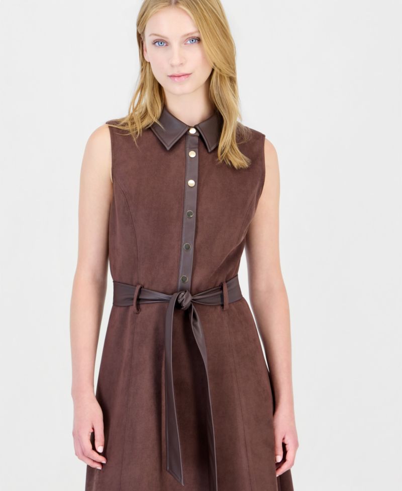 Women's Fit-and-Flare Collared Sleeveless Faux Suede Midi Dress