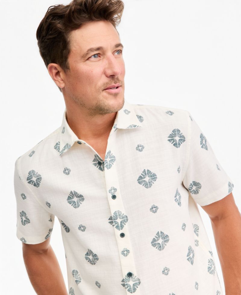Men's Short-Sleeve Geometric Cotton Button-Up Shirt