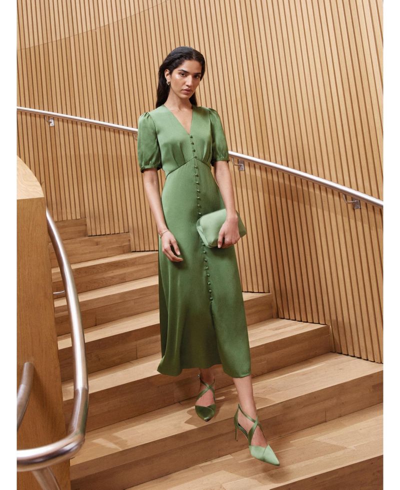 Women's Button Front Puff Sleeve Midi Dress
