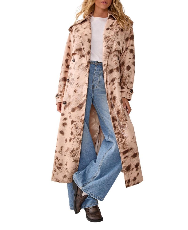 Women's Cow Print Faux Leather Trench Coat