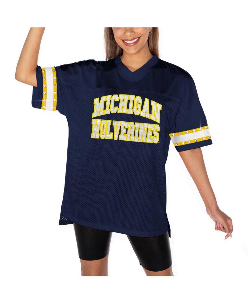 Women's Navy Michigan Wolverines Until Kickoff Rhinestone Fashion T-Shirt