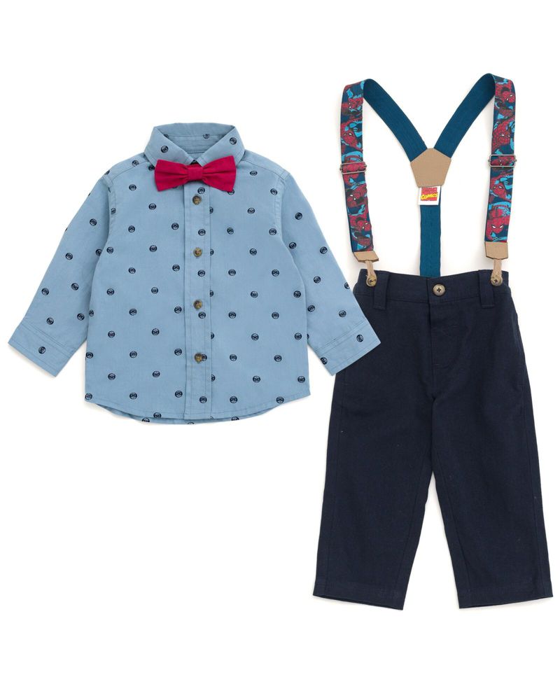 Baby Boys Marvel Spider-Man Button Down Shirt Twill Pants Suspenders and Bow-Tie 4 Piece Outfit Set to