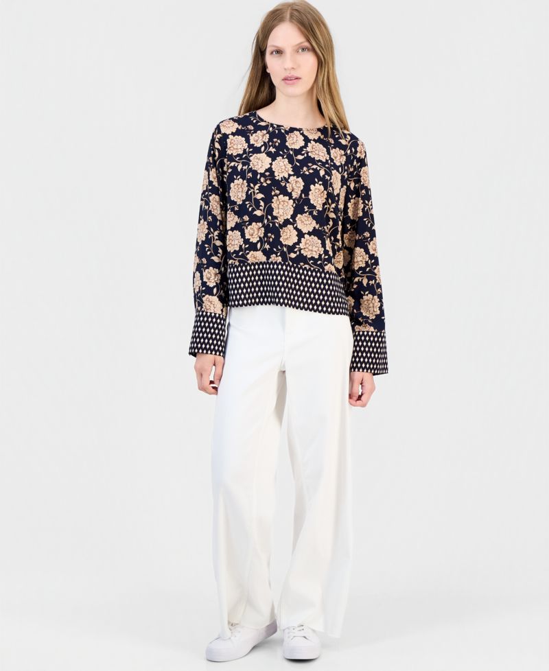 Women's Long-Sleeve Border-Print Blouse