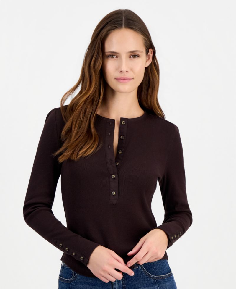 Women's Long Sleeve Ribbed Henley Top