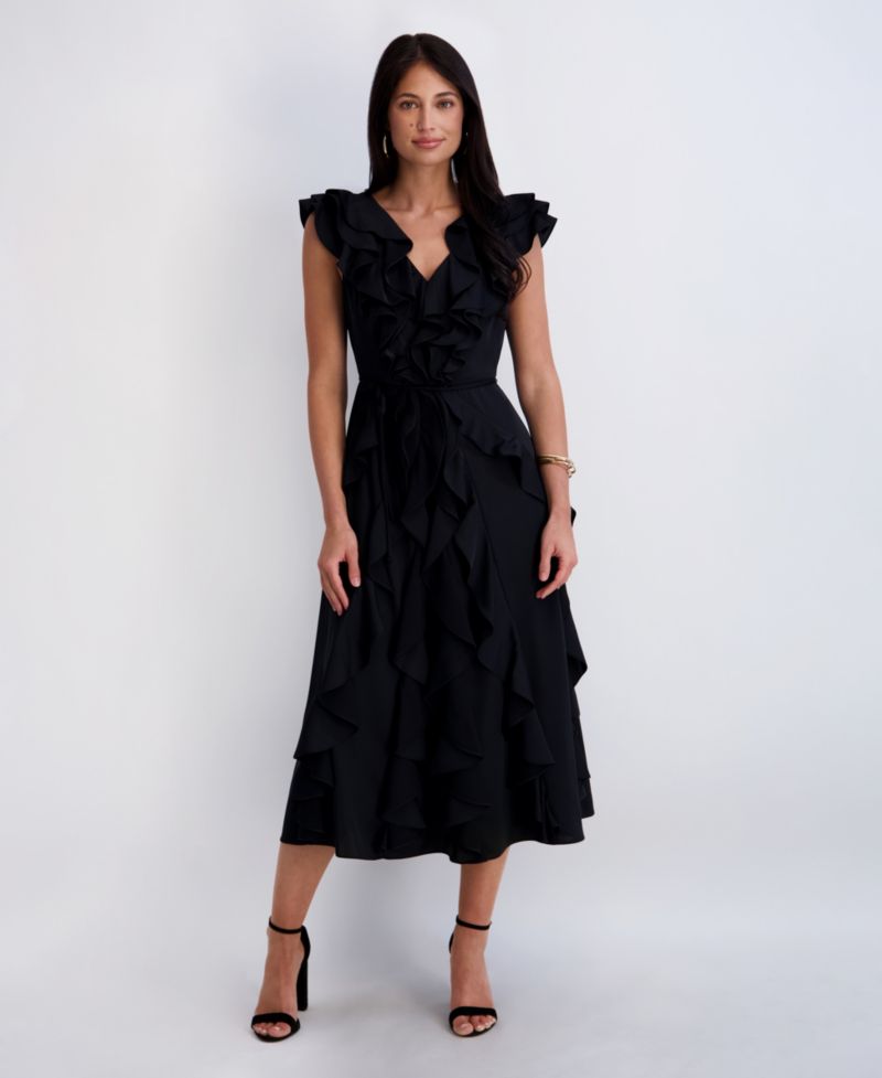 Women's Silky Woven Ruffle Midi Dress