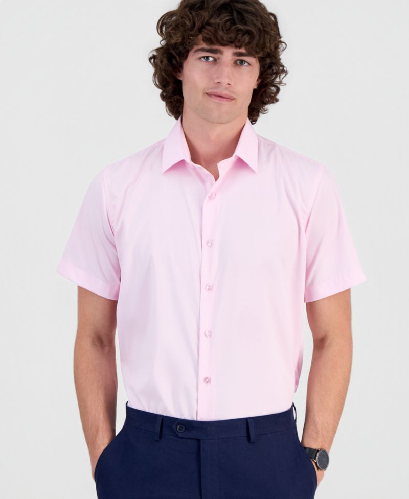 Men's Slim-Fit Four-Way Stretch Solid Short-Sleeve Dress Shirt