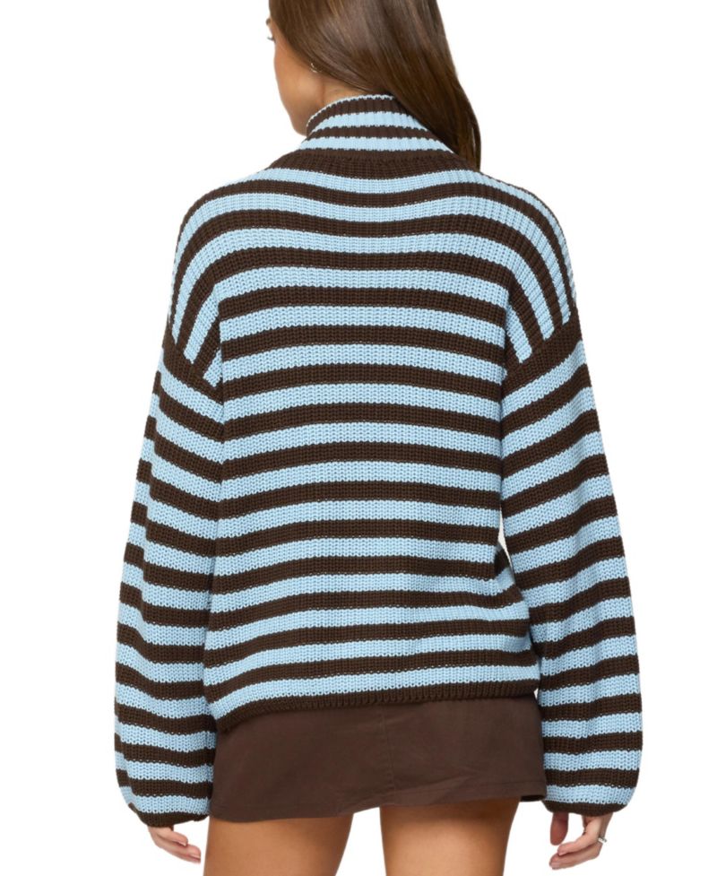 Women's High Neck Striped Zip Up Sweater