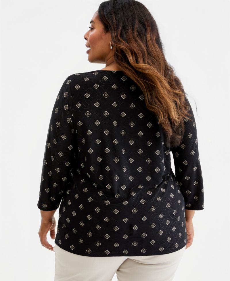 Petite Sofia Tile 3/4-Sleeve Jacquard Tee