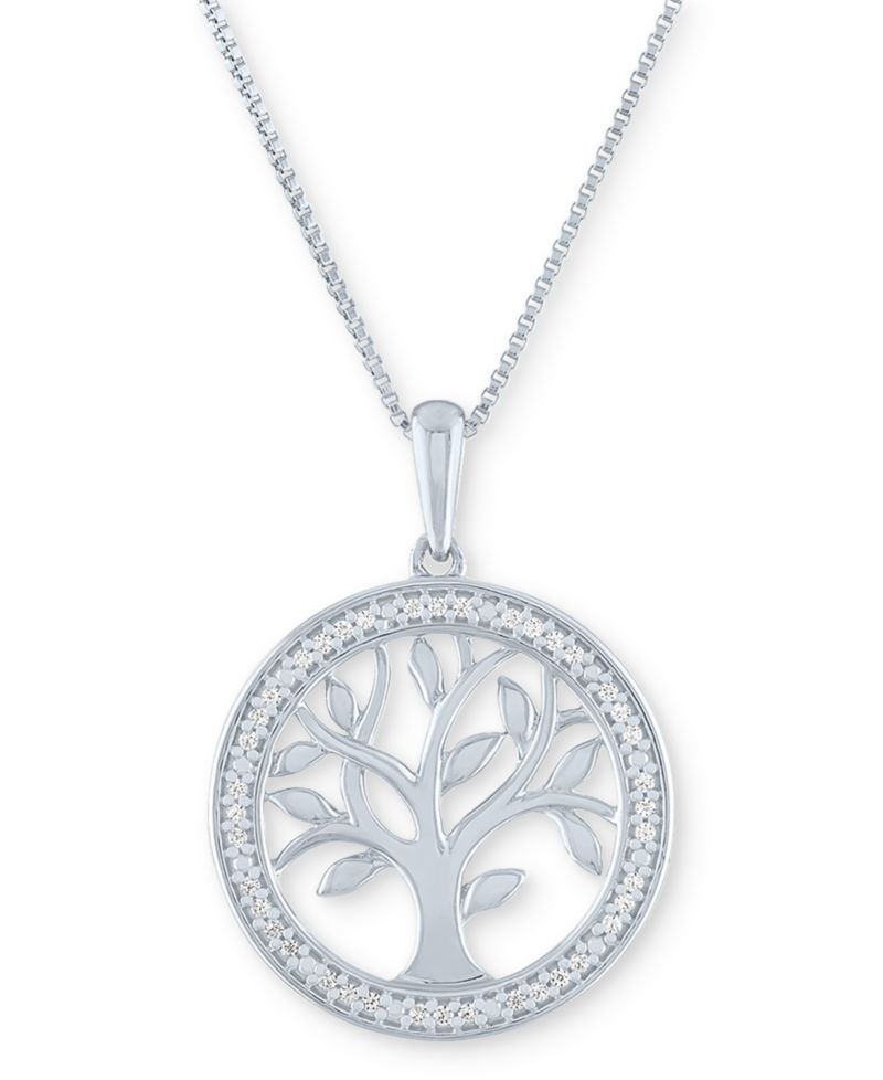 Diamond Tree 18" Pendant Necklace (1/10 ct. t.w.) in Sterling Silver or 14k Gold-Plated Sterling Silver