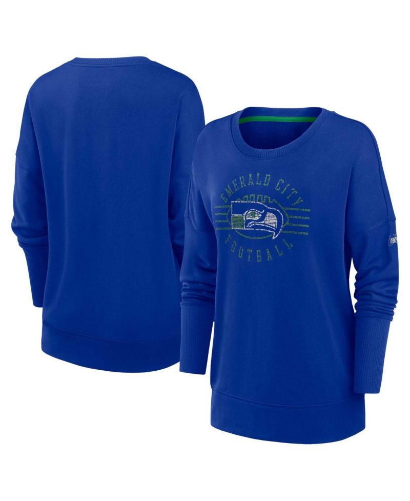 Women's Royal Distressed Seattle Seahawks Rewind Playback Icon Performance Pullover Sweatshirt