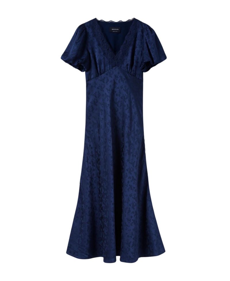 Women's Floral-Print Jacquard V-Neck Puff-Sleeve Midi Dress