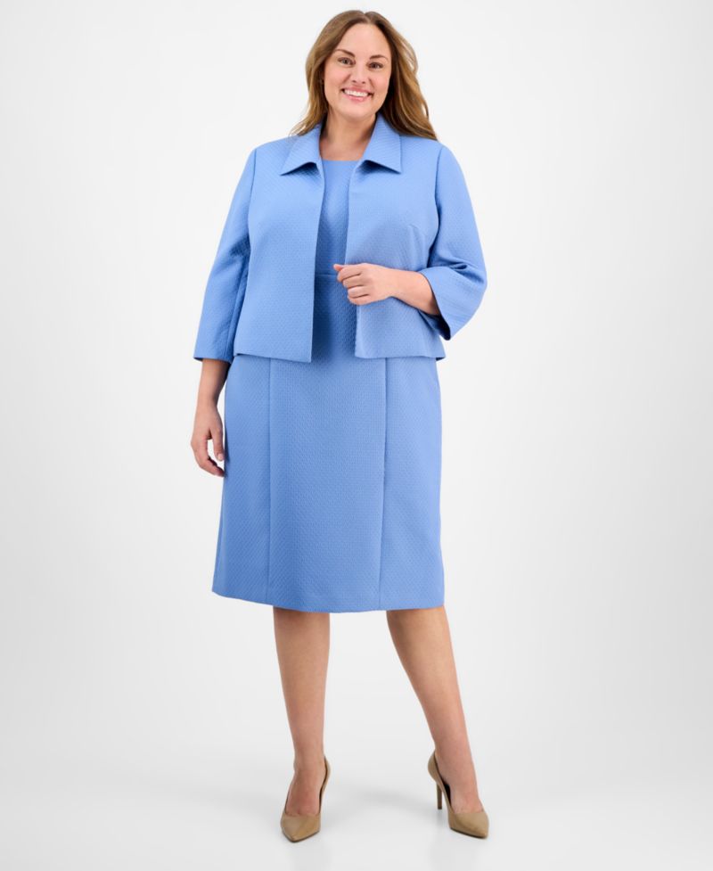 Plus Size Cropped Open-Front Jacket & Empire-Seamed Sheath 2 Piece Dress Suit