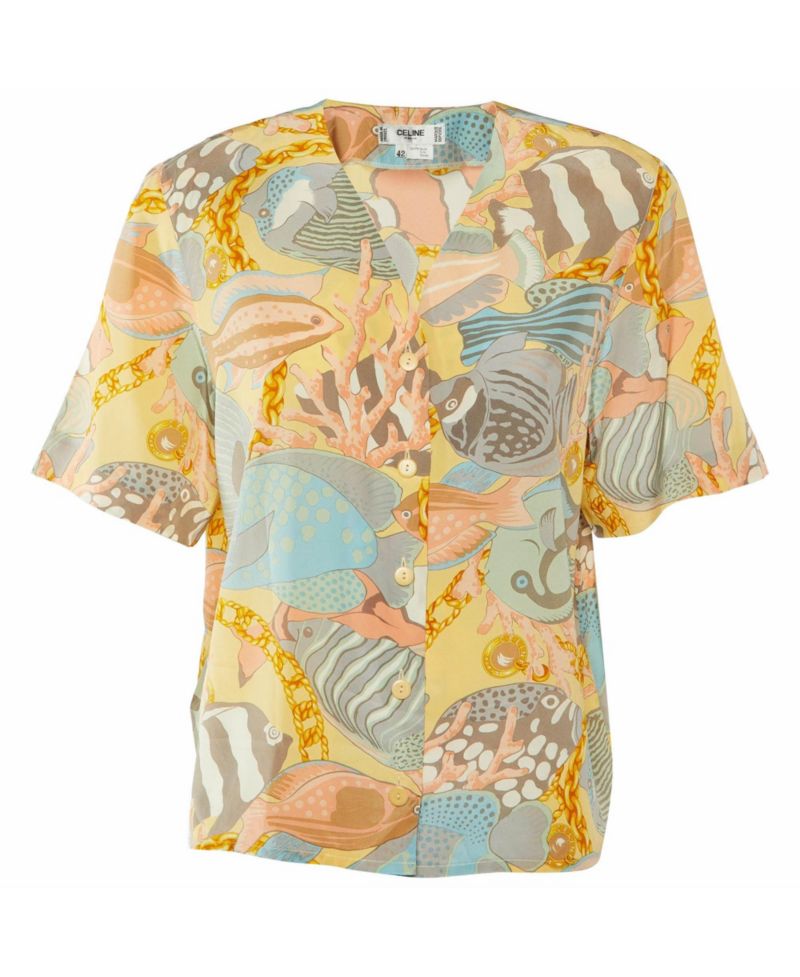 Women's Fish Print Silk Short Sleeve Blouse