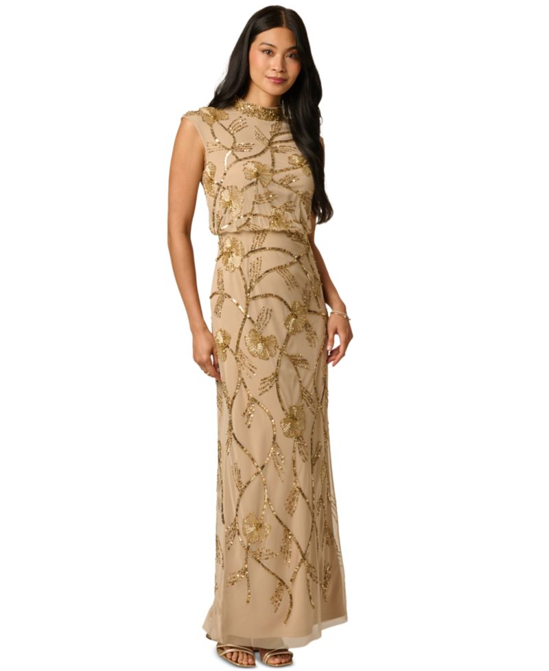 Women's Mock Neck Beaded Floral Gown