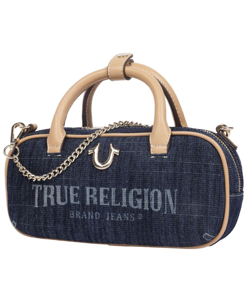 Bentley Denim and PU Mini Satchel - Women s Top Handle Crossbody Handbag with Chain Detail