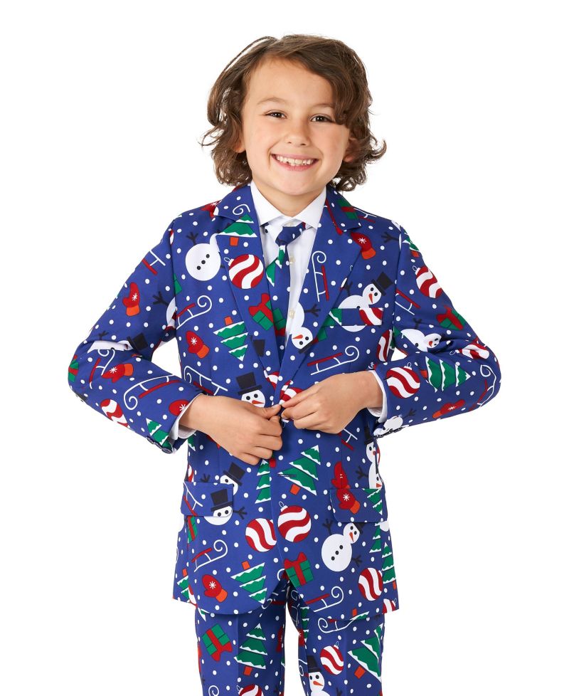 Little Boys Christmas Snowman Button Closure Suit Set Including Blazer, Pants and Clip-On-Tie