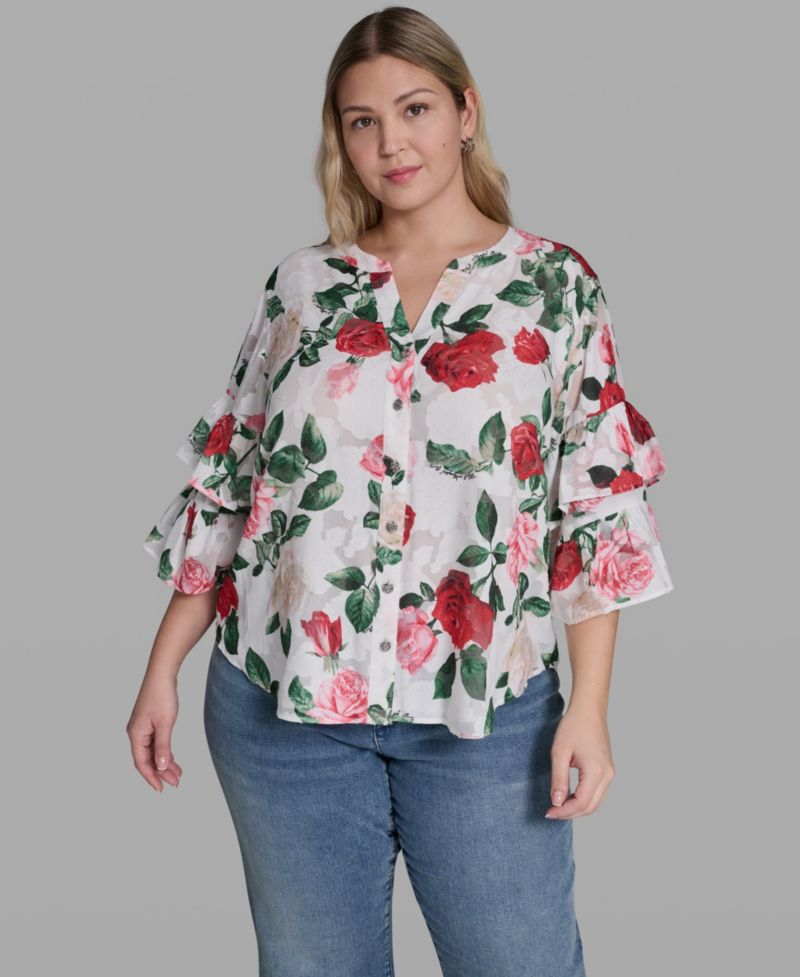 Plus Size V-Neck Floral-Print Blouse