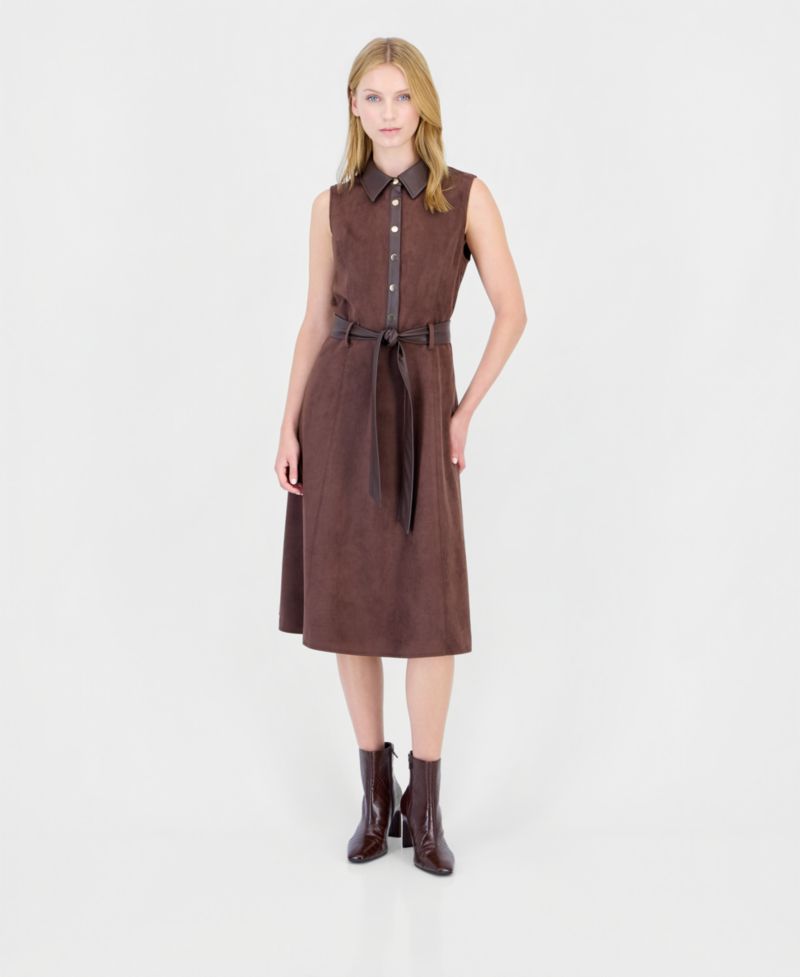Women's Fit-and-Flare Collared Sleeveless Faux Suede Midi Dress