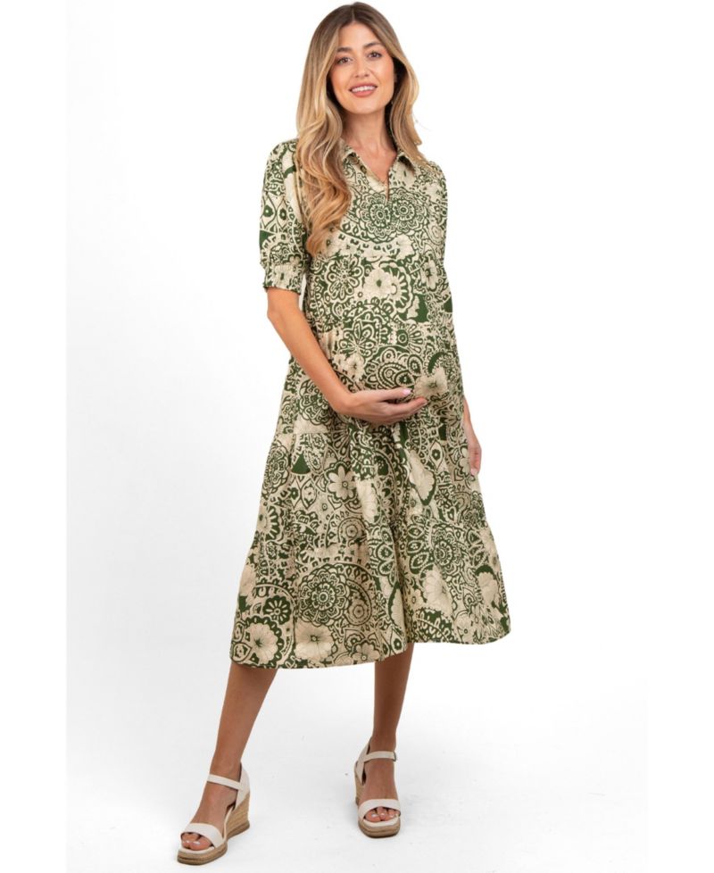 Women's Burgundy Floral Collared Tiered Midi Dress