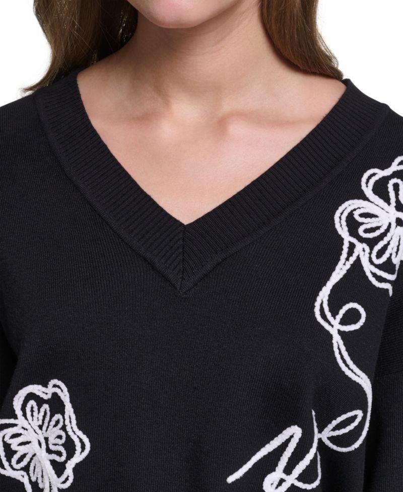 Women's Karl Floral Embroidery V-Neck Sweater