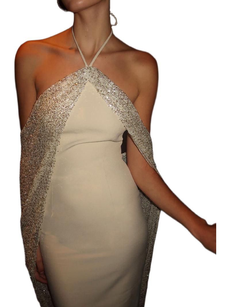 Women's Quimera Almond Beaded Cape Halter Off-Shoulder Maxi Gown