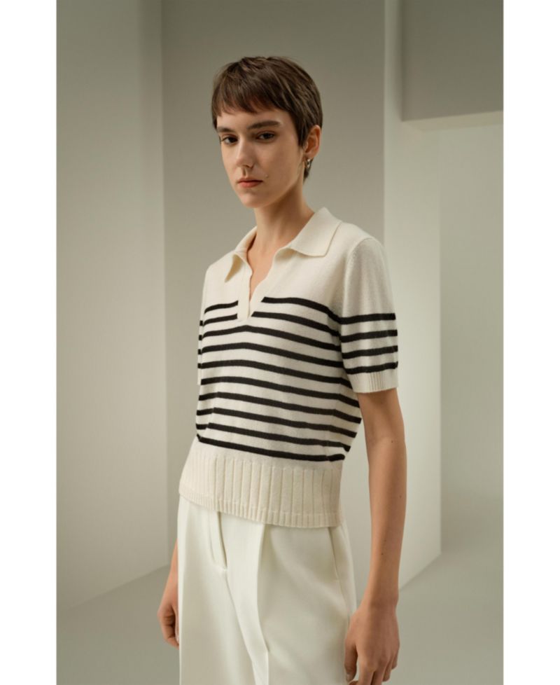 Women's Striped Cashmere Polo Sweater