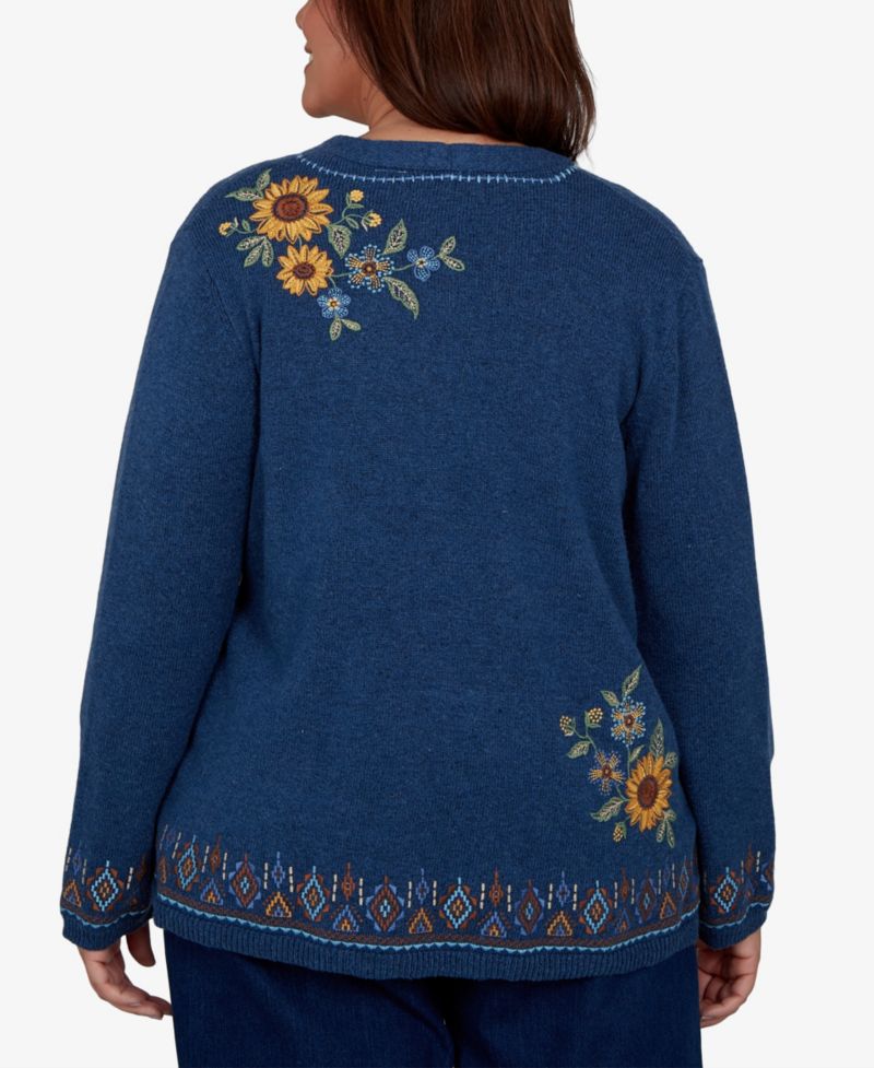 Plus Size V-Neck Long-Sleeve Floral-Embroidered Cotton-Blend Cardigan Sweater