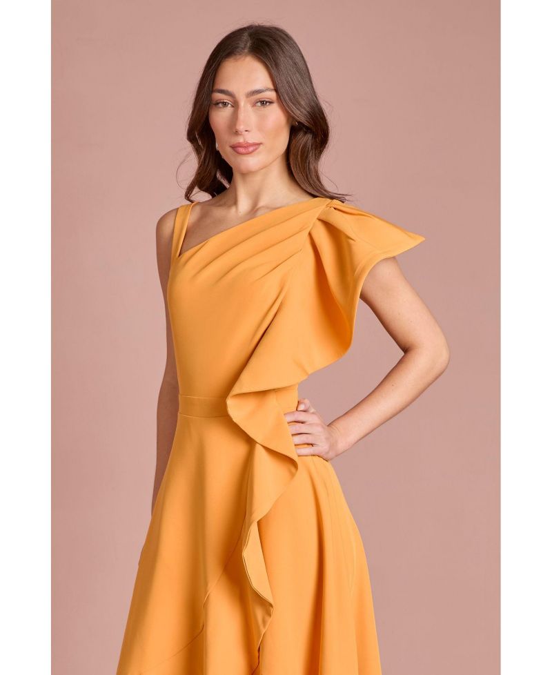 Women's One Shoulder Crepe Ruffle Midi Dress