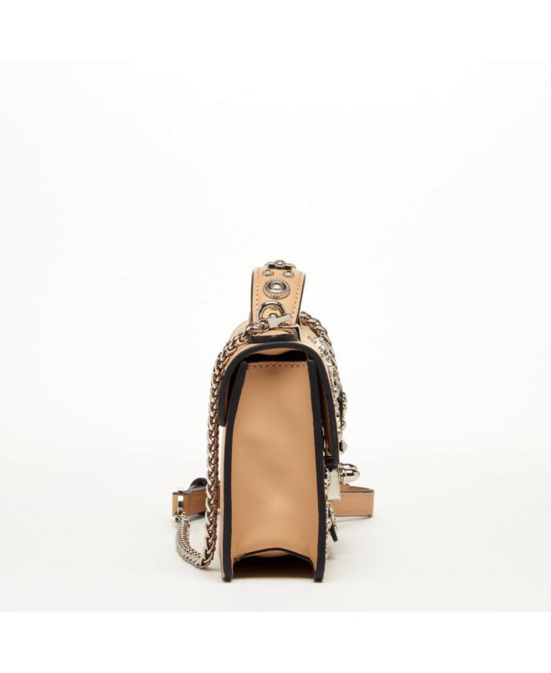 Women s Beige Studded Crossbody Bag Designer Leather Shoulder Purse with Top Handle, Structured Handbag with Silver Embellishments