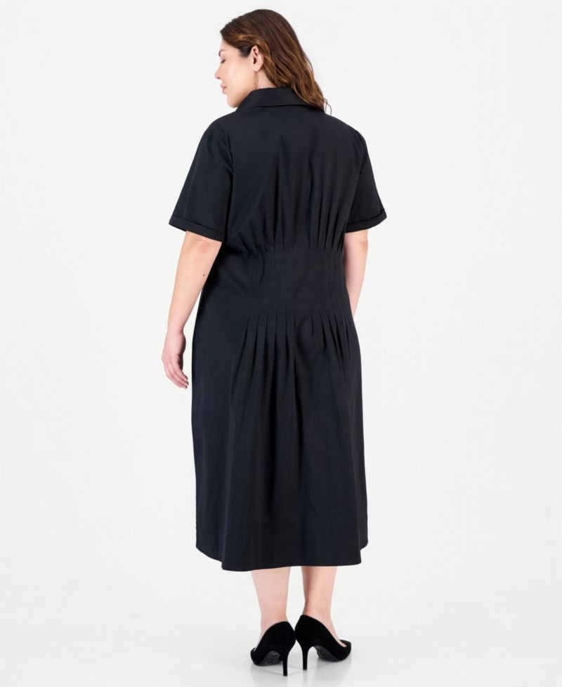 Plus Size Fit & Flare Pleated Waist Midi Shirt Dress