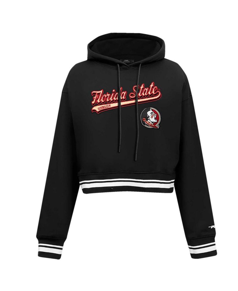 Women's Black Florida State Seminoles Script Tail Fleece Cropped Pullover Hoodie