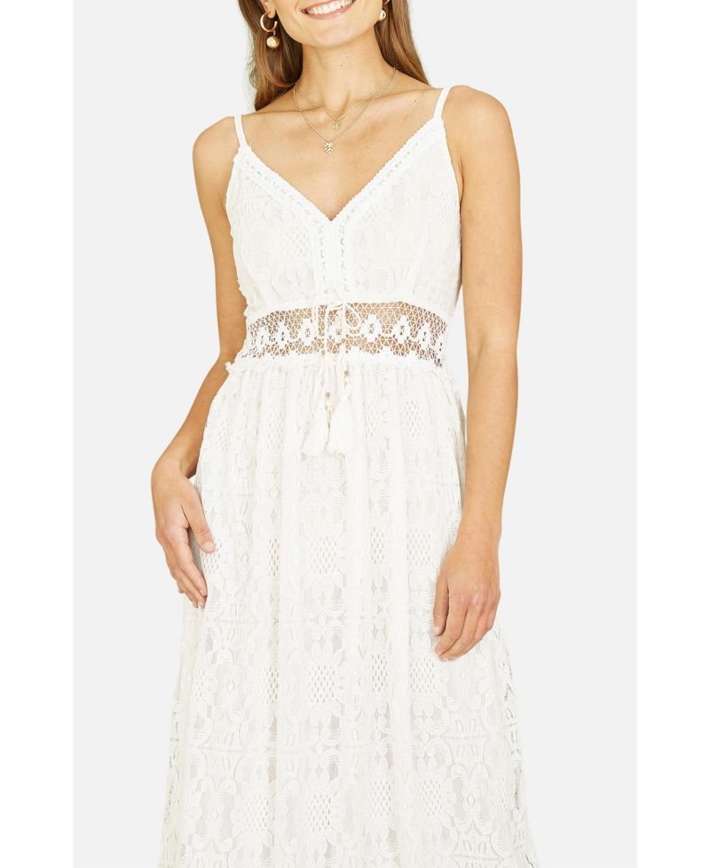 Women's Lace Embroidered Tassel Tie Midi Dress