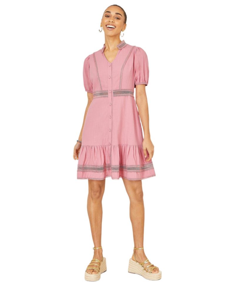 Women's Cotton Lace Trim Skater Shirt Dress
